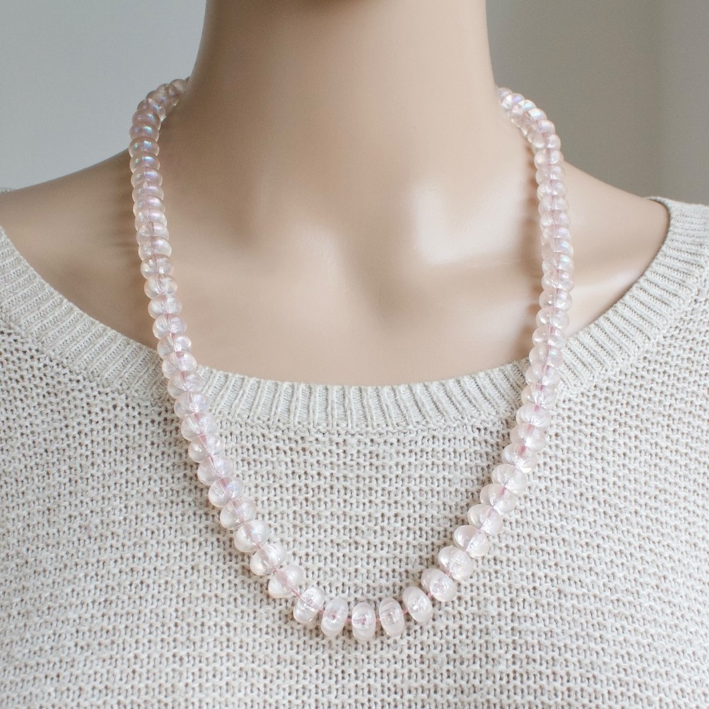 Vintage Iridescent Pink Beaded Necklace Acrylic Rondelle Beads 23.5” Long